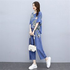 2024夏季新款时尚气质圆领直筒裤腿设计休闲舒适印花两件套，女装套装/套裙，魅影