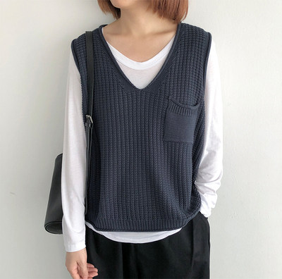 短款套头针织马甲背心冬季宽松大码女装纯色毛衣马夹V领坎肩上衣,女装马甲,洁纯羊绒