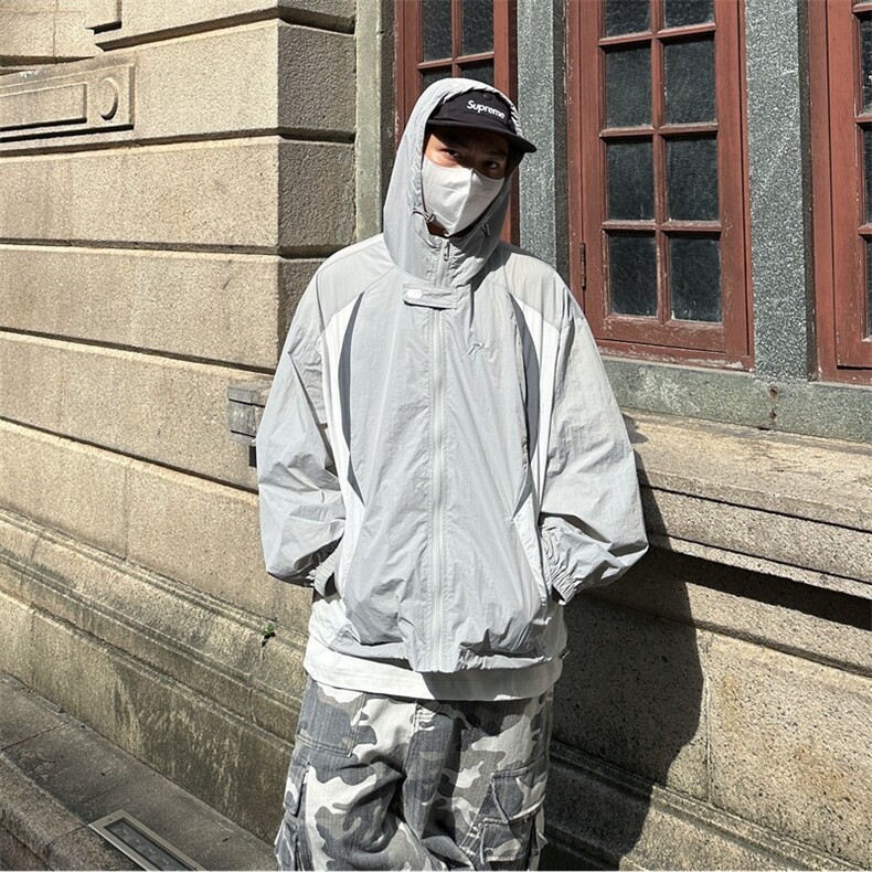 网图现货灰色拼接美式连帽宽松百搭防晒衣男3389/P45,男装防晒衣,星座205-3