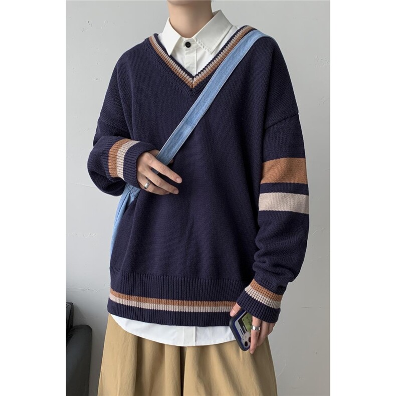 秋装港风针织衫V领长袖毛衣JK宽松制服情侣慵懒风中性W08/P65,男装针织衫/毛衣,电商A221A