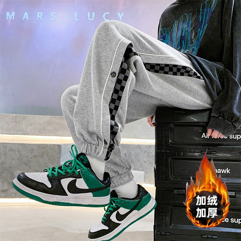 K3132-P50加绒P56冬装加厚美式宽松男女侧边棋盘格撞色休闲卫裤，男装休闲裤，电商A009A（原A058A）