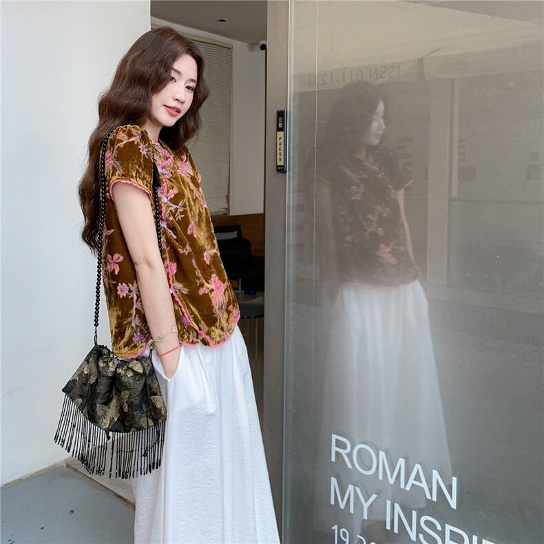 金丝绒碎花新中式国风上衣阔腿裤套装女夏大方得体两件套巨好看,女装套装/套裙,蝶眷