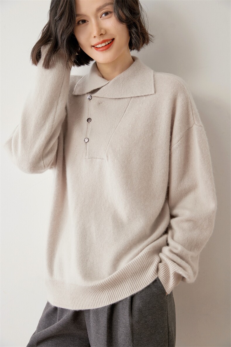 翻领打底衫女显瘦柔软长袖针织衫秋冬新款内搭毛衣,女装羊绒衫,雪山红莲
