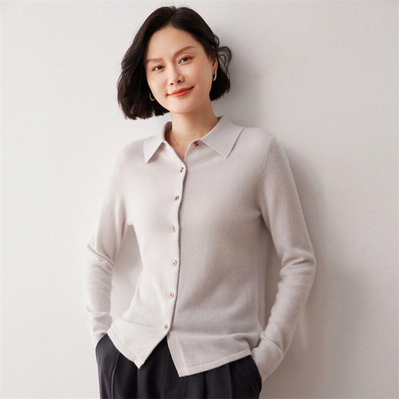 秋冬新款洋气时尚百搭显瘦女款POLO领35%山羊绒开衫,女装羊绒衫,艾巧羊绒