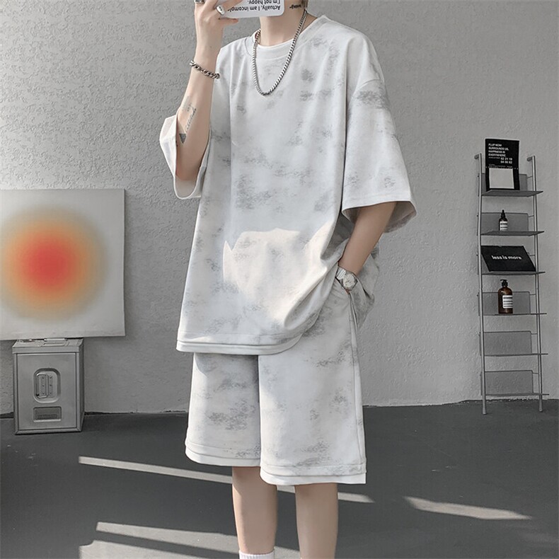 TZ6816-特P55控98250克夏季男士宽松扎染冰丝假两件短袖短裤套装,男装牛仔裤,电商A058-1（原电商C417）