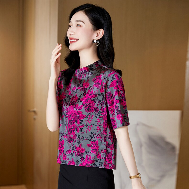 品牌真丝桑蚕丝上衣女轻奢高级感2025新款提花立领专柜妈妈装,女装衬衫,阿舍尔精品