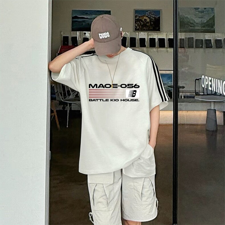 抖音得物高品质二开240克宽松纯棉美式潮牌三条杠织带短袖T恤，男装T恤，电商A486