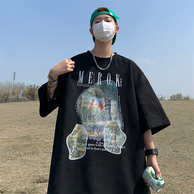 重磅220克XT3056-TP35控48港风潮流个性印花宽松大码T恤五分袖,男装T恤,电商A102-1
