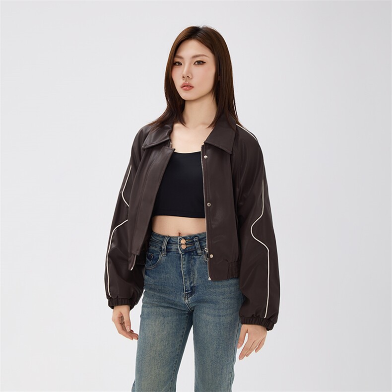 小个子皮衣外套女短款拼色秋季机车棒球服PU皮夹克,女装皮衣,曼琳思菲