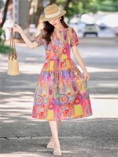 夏日多巴胺甜美印花棉麻连衣裙女2026新款收腰显瘦度假风气质长裙，女装连衣裙，倪叶myz