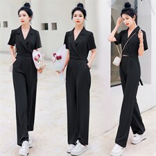 时尚气质紫色两件套装女夏季新款显瘦职业装短袖西服外套阔腿裤，女装套装/套裙，秋水欣儿