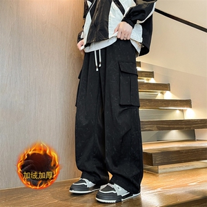 冬季新款加绒加厚休闲拖地裤男宽松扎染脏脏布工装弯刀裤7552-P63图片