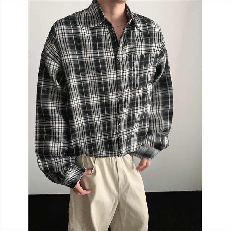 现货~格子大码长袖衬衫C5881/特P23黑格,男装衬衫,电商A094