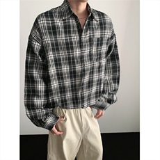 现货~格子大码长袖衬衫C5881/特P23黑格，男装衬衫，电商A094