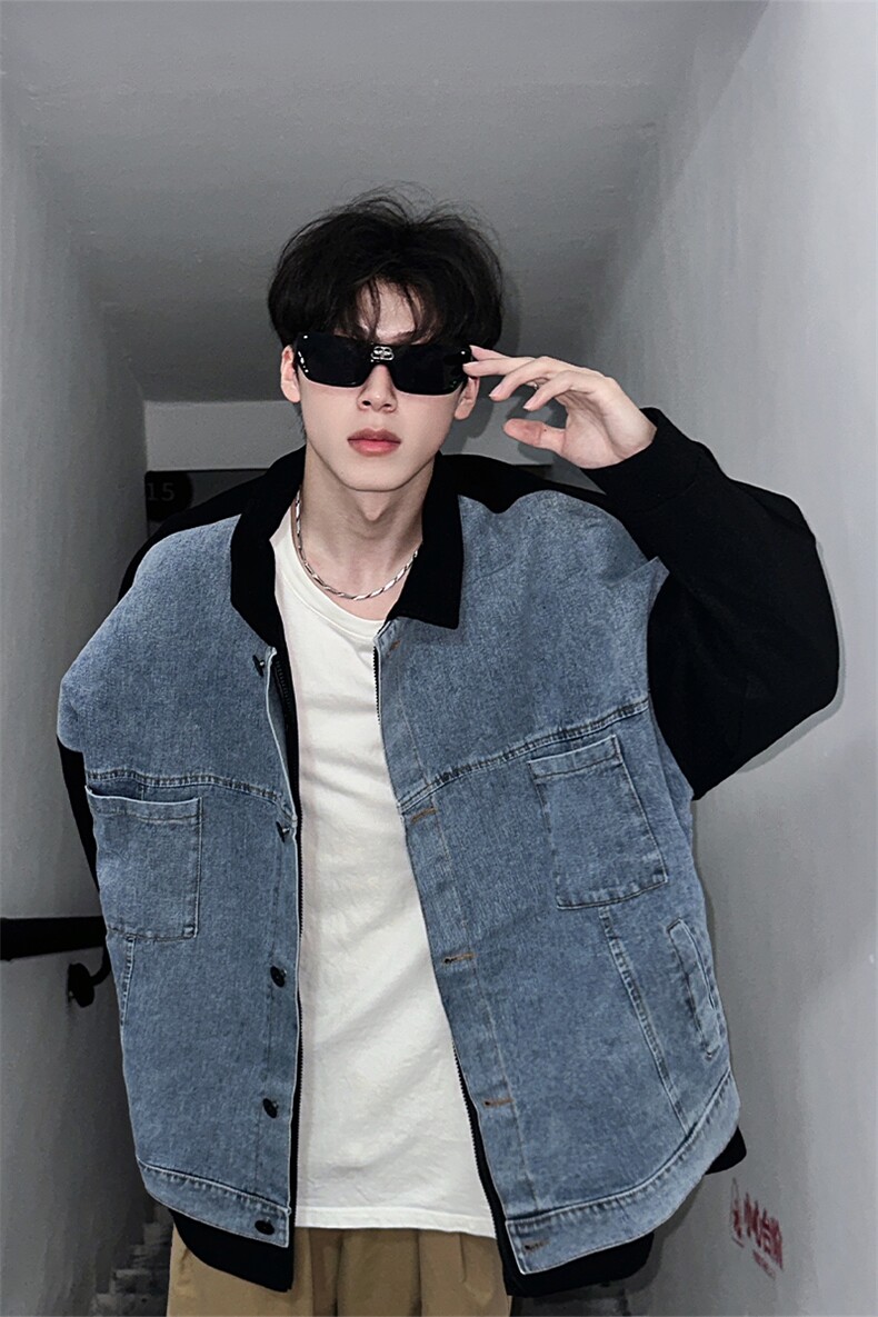 牛仔拼接夹克男秋季痞帅美式复古棒球服工装外套XZ514-2-F91-P135,男装夹克,星座514-2(原B239)