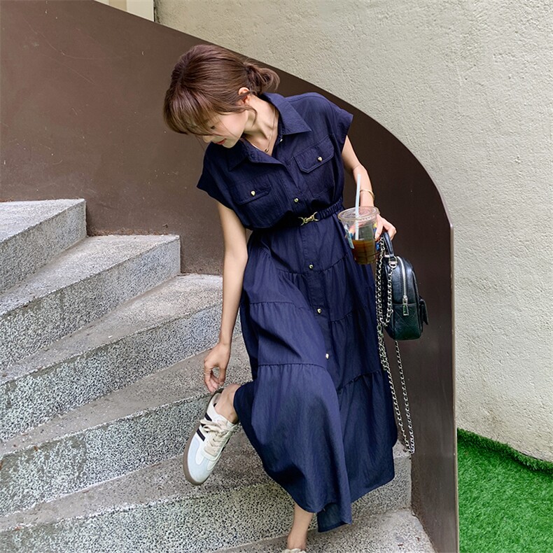 藏青色设计感工装衬衫连衣裙女2025夏季新款超好看气质收腰a字裙,女装连衣裙,浙宝301