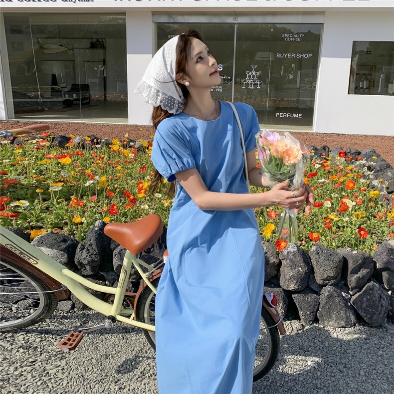 甜美丝巾蓝色泡泡袖连衣裙女夏2025新款爆款氛围感长裙小众不撞款,女装连衣裙,2C057