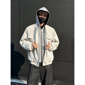 假两件荔枝纹皮夹克双色连帽棉服外套男款复古皮棉衣2309 P118图片