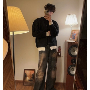 濮院毛衣假两件钮扣针织衫毛衣开衫外套男女情侣潮流百搭LF491P85图片