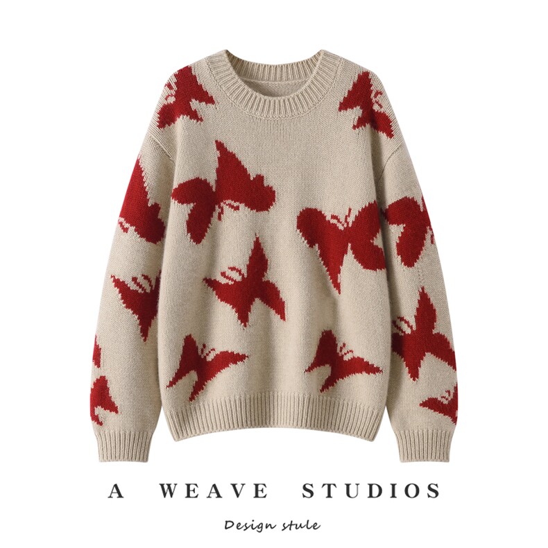 2025年秋季新款百搭蝴蝶刺绣圆领套衫，女装针织衫/毛衣，戎魅羊绒