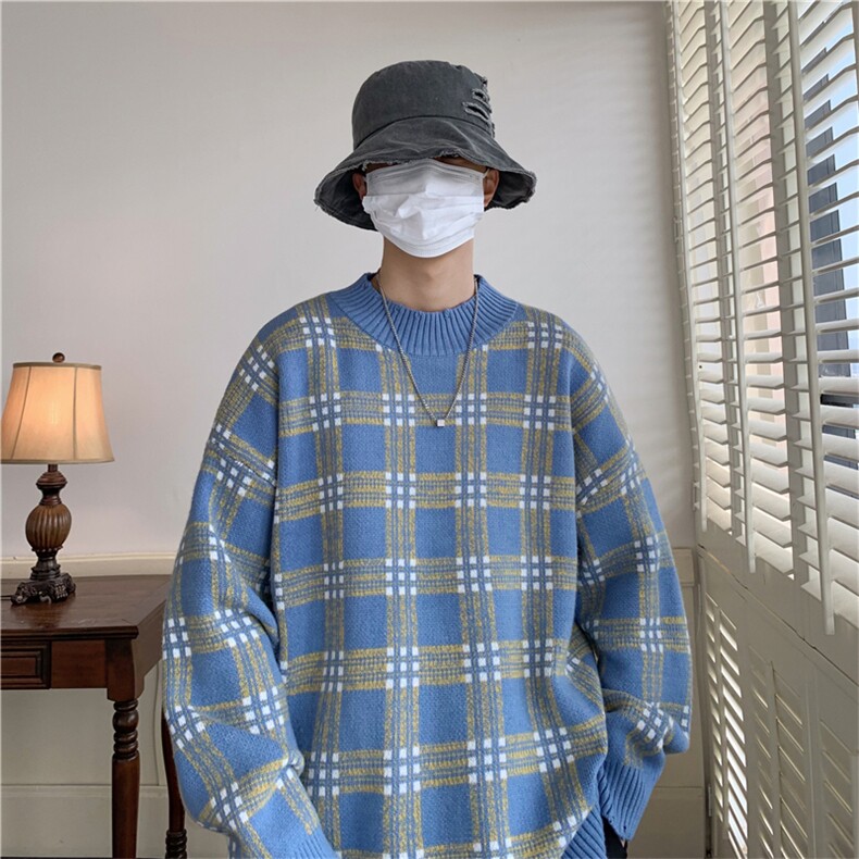现货现货宽松圆领毛衣男秋冬格子百搭针织衫D329-QM801-P78控98,男装针织衫/毛衣,电商D329
