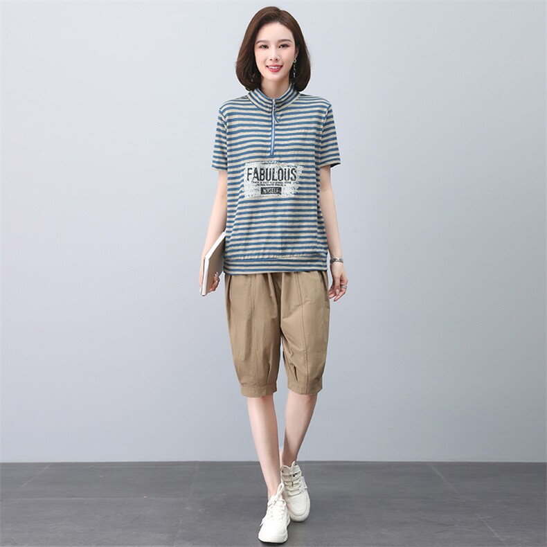妈妈夏装套装女薄款2023年新款宽松休闲中年短袖T恤五分裤两件套,女装套装/套裙,忆绮罗