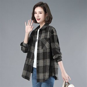 2021年春季直筒常规POLO领排多扣通勤格子衬衫女自主图图片
