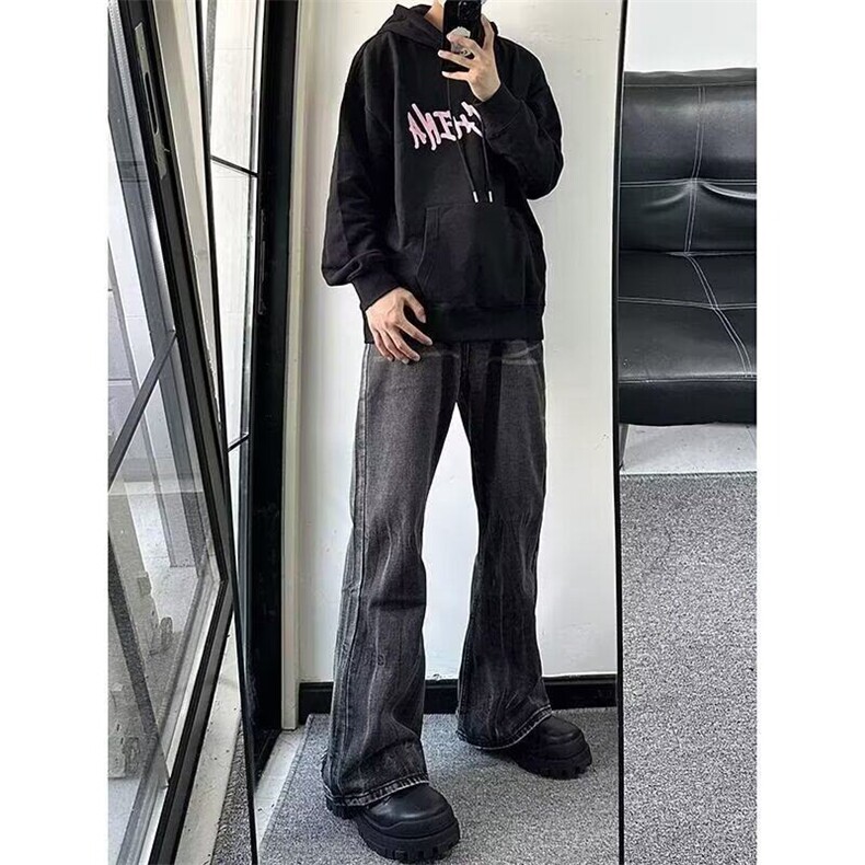 宽松微喇牛仔裤男水洗做旧破坏复古长裤美式高街黑灰色拖地裤,男装牛仔裤,星座506A