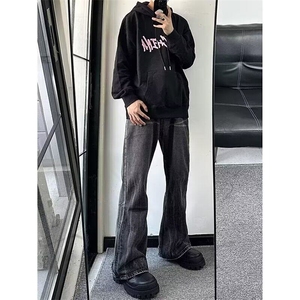 宽松微喇牛仔裤男水洗做旧破坏复古长裤美式高街黑灰色拖地裤图片