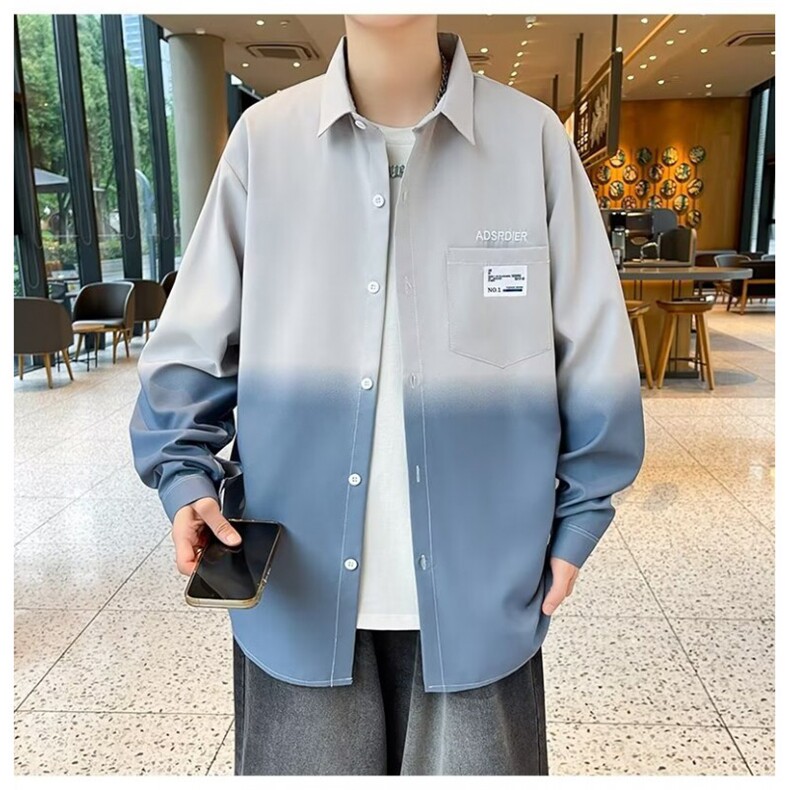 新款 长袖衬衫男士春夏季渐变潮牌痞帅宽松休闲防晒外套上衣服图片