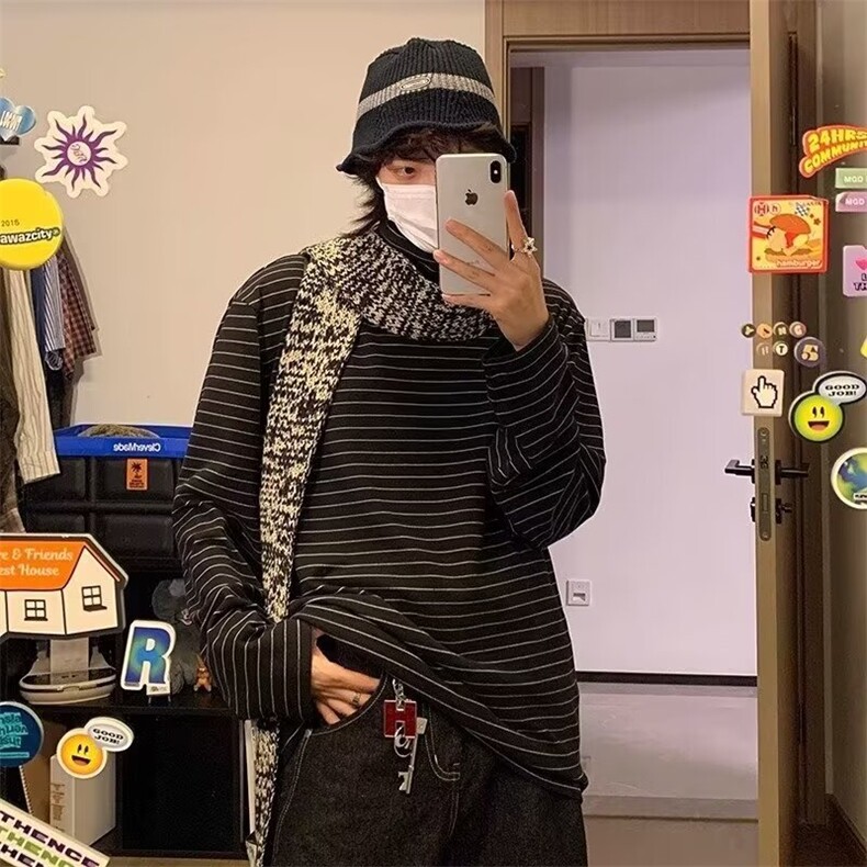 秋冬新款宽松半高领条纹长袖T恤宽松百搭显瘦内搭上衣打底衫图片