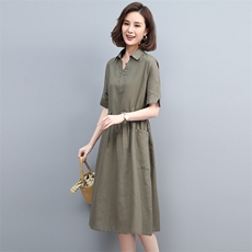 夏季棉麻中长连衣裙V领宽松显瘦系带真口袋咖啡中年妈妈大码裙子，女装连衣裙，丽影随形