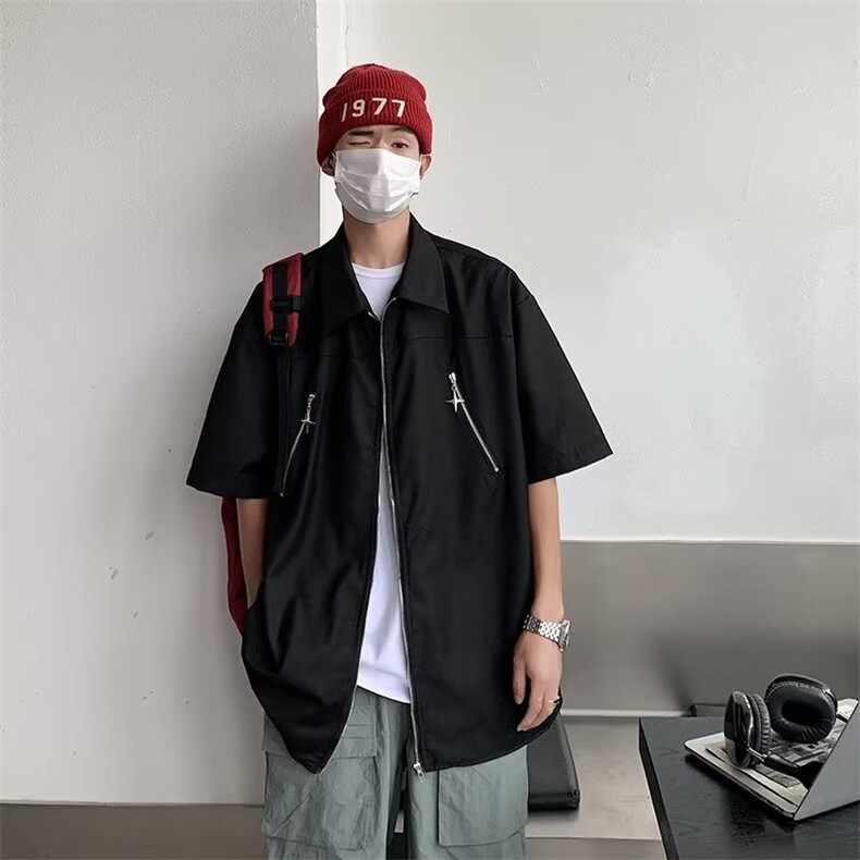 衬衫标准潮潮流原宿慵懒夏季五分袖简约日常青春流行气质图片