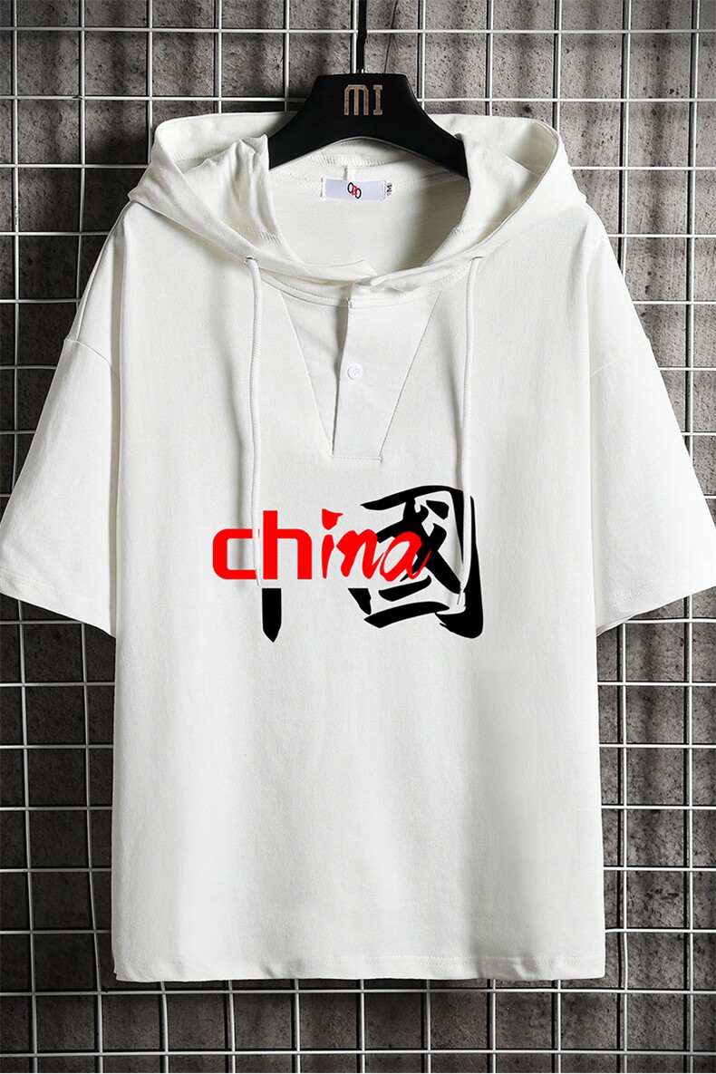 LD54189-P45连帽短袖t恤男大码胖子带帽五分袖中袖网格挂拍,男装T恤,电商A040A