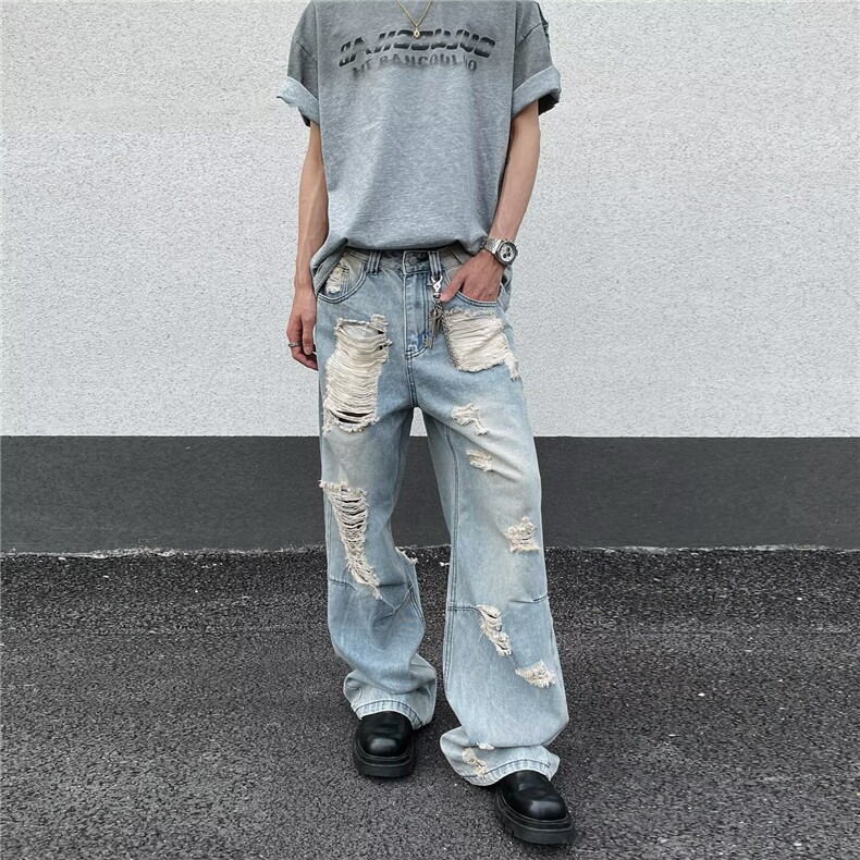 美式复古破洞牛仔裤男女夏季高街设计感直筒宽松阔腿裤NA7018-P55,男装牛仔裤,星座208-5