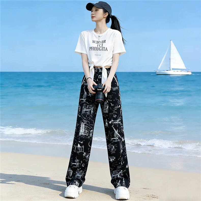 重工印花时尚休闲套装女夏季新款白色短袖上衣黑色阔腿长裤两件套,女装套装/套裙,江南
