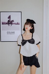 现货ceelphy白色提花撞黑色花苞上衣,其它,ceelphy