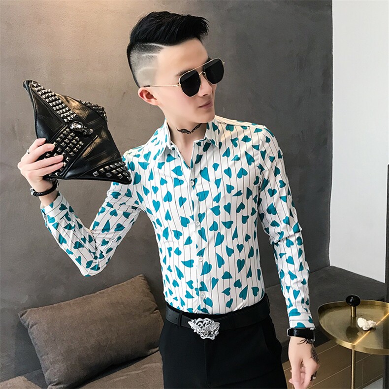 312A-809-P50韩版条纹爱心印花修身衬衫发型师夜店时尚衬衫-首1,男装衬衫,星座312A-5