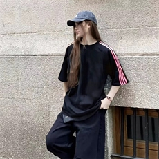 抖音得物品质二开240克宽松纯棉美式潮牌印花三条杠中性风短袖T恤，男装T恤，电商A486