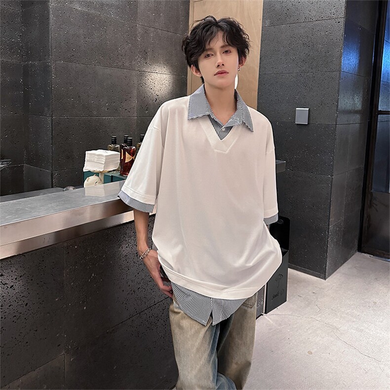 夏季宽松休闲假两件衬衫领短袖T恤潮半袖XZ808B-WH025-P40,男装T恤,星座808B