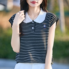 夏季新款精纺羊毛针织短袖女POLO领T恤宽松显瘦条纹撞色打底衫女，女装T恤，端硕羊绒