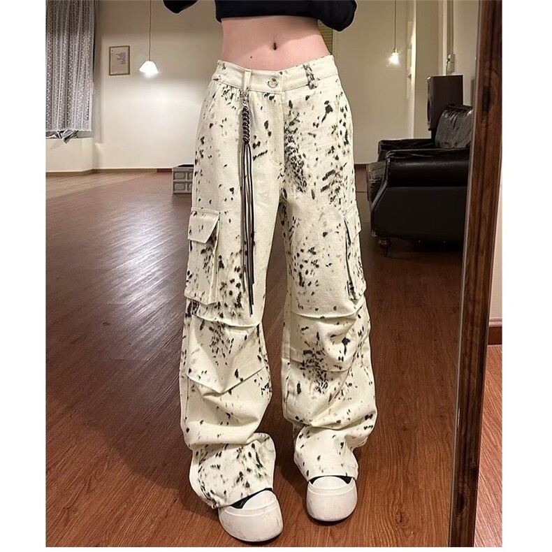 美式复古豹纹多口袋宽松阔腿工装裤痞帅嘻哈拖地休闲裤KG77,男装工装外套,星座1116A（原606A-3）