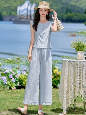 2026年夏季休闲风两件套女常规休闲圆领中高腰居家，女装套装/套裙，悦祺