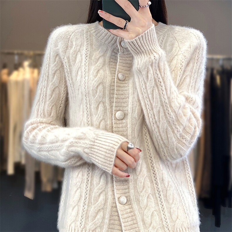 100%纯羊毛针织开衫女圆领麻花针织长袖毛衣宽松羊绒衫外套，女装羊毛衫，哲奥羊绒