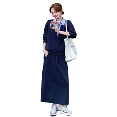 藏青色休闲条纹拼接卫衣套装女2025年春秋季新款显瘦半身裙两件套，女装套装/套裙，2C105