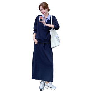 藏青色休闲条纹拼接卫衣套装女2025年春秋季新款显瘦半身裙两件套图片