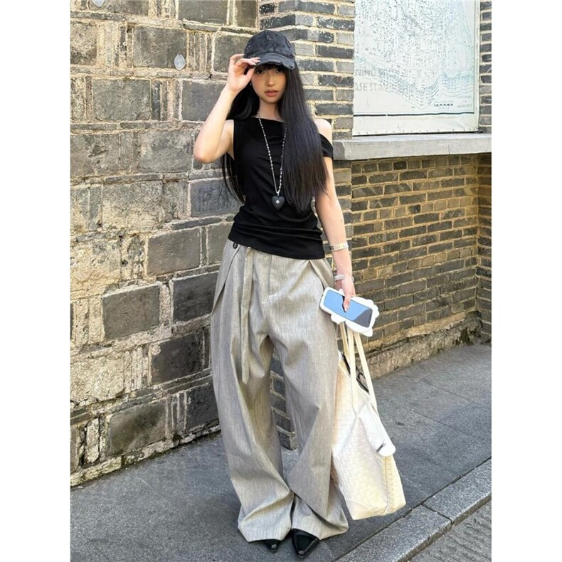 美式休闲裤女亚麻打褶直筒宽松阔腿裤设计感拖地长裤LFK077-P73,男装休闲裤,星座1008