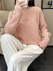 新款女士秋冬立体重工圆领羊毛衫镂空时尚显瘦百搭毛衣，女装羊毛衫，牧思羊