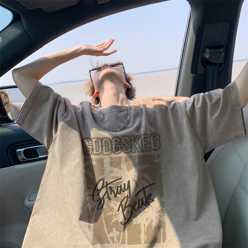 咖啡色t恤男短袖夏季薄款美式复古纯棉半袖潮牌大码宽松情侣衣服,男装T恤,电商B316
