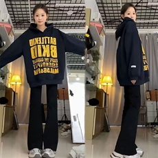 潮牌美式复古斑驳字母印花连帽卫衣女秋冬2025新款百搭外套，女装短外套，星座506A